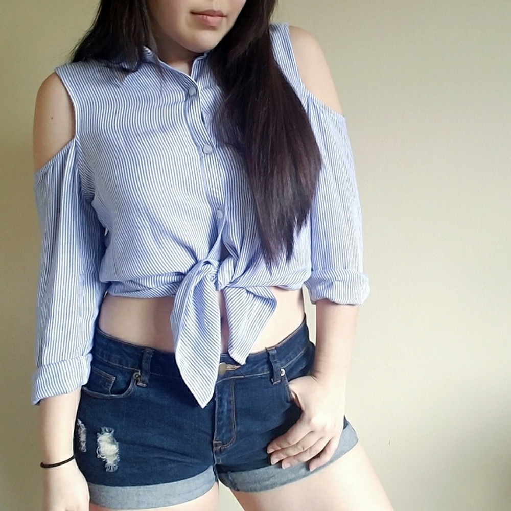 Striped Button Up with Shoulder Cutouts